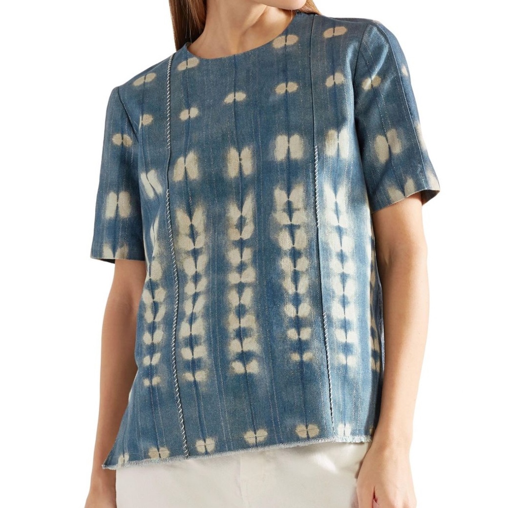 Adam Lippes Metallic Tie-Dyed Denim Top shibori
